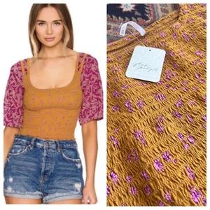 NWT Free people Mustard Pink Smocked Crop Fitted floral XS